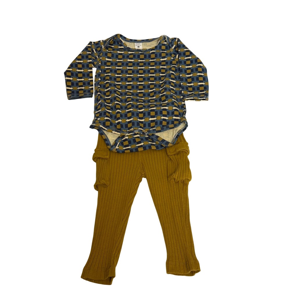 Kate Quinn Organic Cotton Bodysuit & Ribbed Cargo Pants Set 12-18M Mustard Blue